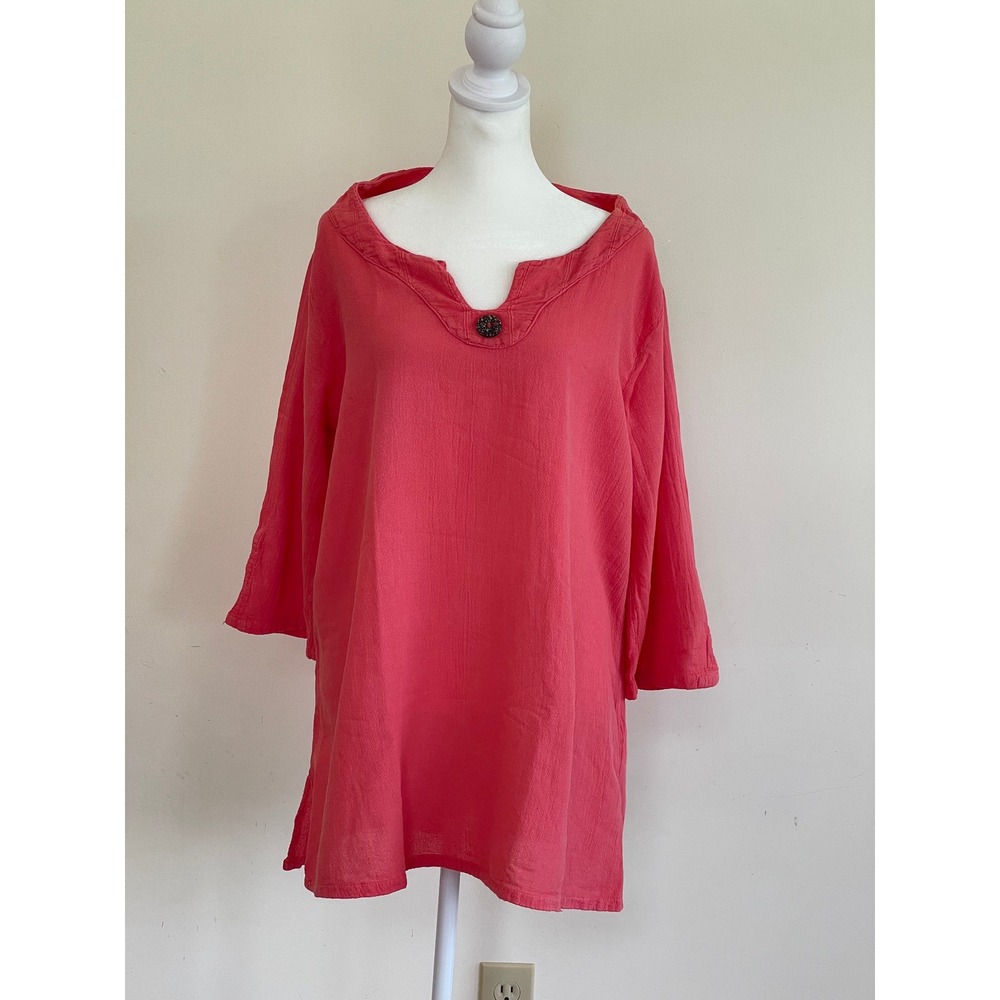 Cotton Ways Coral Pink Gauze Tunic Top Split V-Neck 3/4 Sleeve Blouse  Size 2